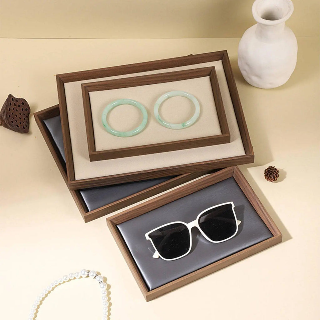 Wooden Jewellery Display Tray for Dresser & Vanity | Minimalist Walnut-Grain Organiser for Rings, Earrings & Necklaces | Grey or Beige, S or L