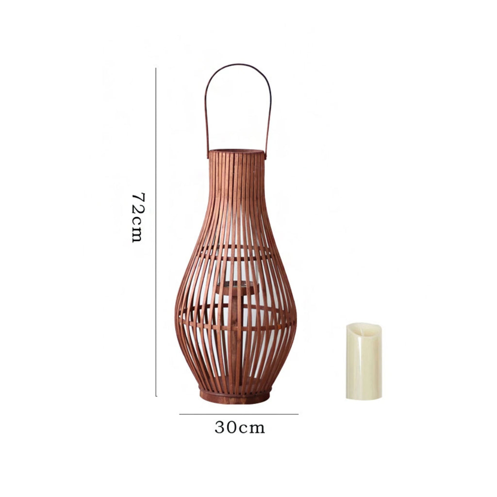 Bamboo Floor Lantern for Patio, Garden & Living Room | Handwoven Boho Lantern with LED Candle | Rustic Decorative Lighting, Small or Large