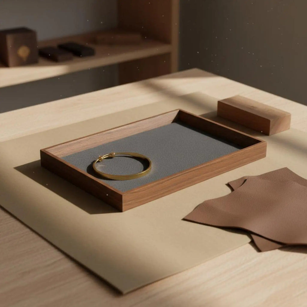 Wooden Jewellery Display Tray for Dresser & Vanity | Minimalist Walnut-Grain Organiser for Rings, Earrings & Necklaces | Grey or Beige, S or L