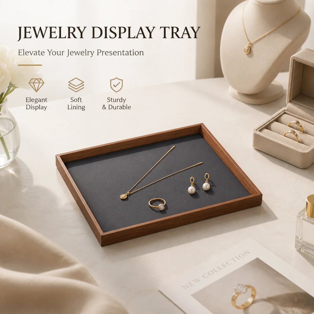 Wooden Jewellery Display Tray for Dresser & Vanity | Minimalist Walnut-Grain Organiser for Rings, Earrings & Necklaces | Grey or Beige, S or L