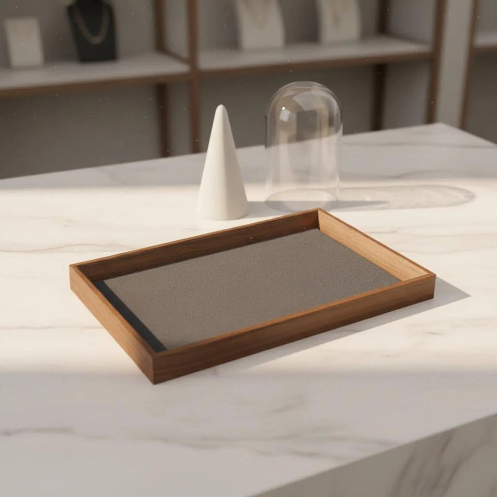 Wooden Jewellery Display Tray for Dresser & Vanity | Minimalist Walnut-Grain Organiser for Rings, Earrings & Necklaces | Grey or Beige, S or L