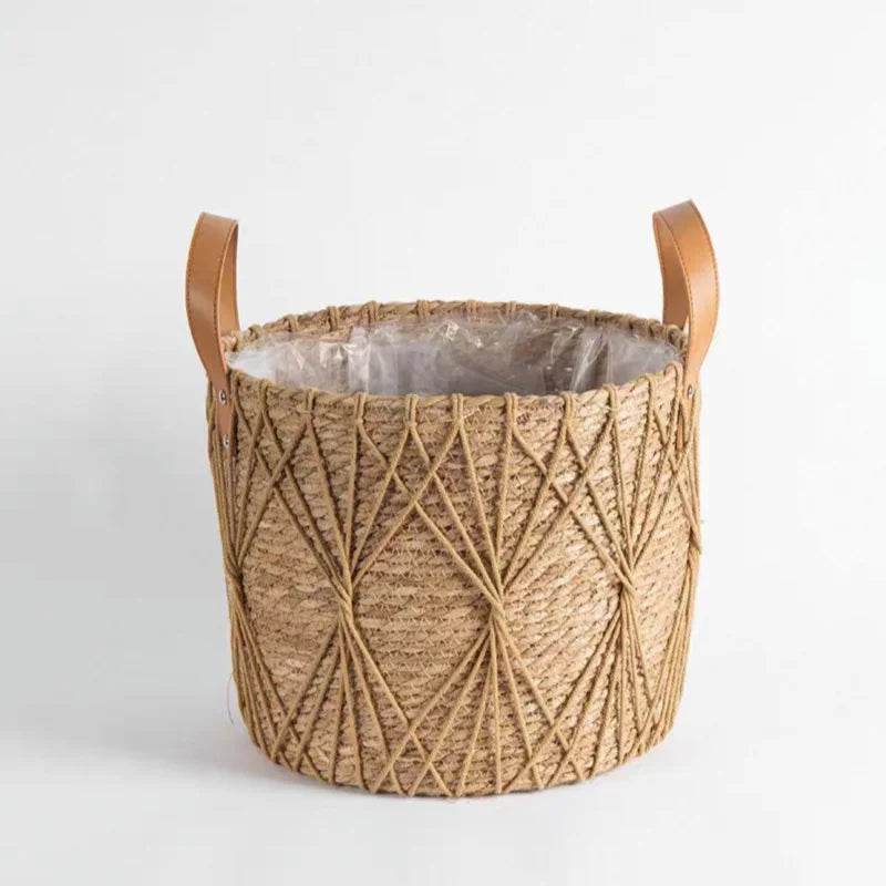 Seagrass Planter Basket with Handles for Indoor Plants & Patio | Natural Woven Plant Pot Cover | Boho Storage Basket, 25cm or 29cm