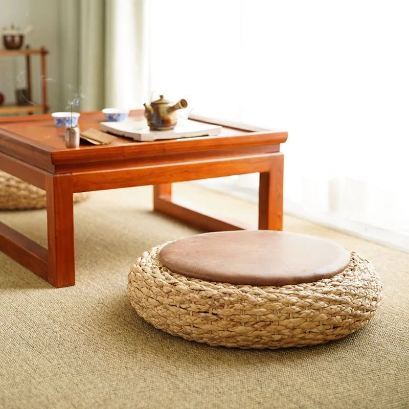 Knitted Round Pouf Ottoman | Rustic Straw & PU Leather Seat Pad Floor Stool for Yoga, Meditation & Tatami Living Room, 40/50/60cm