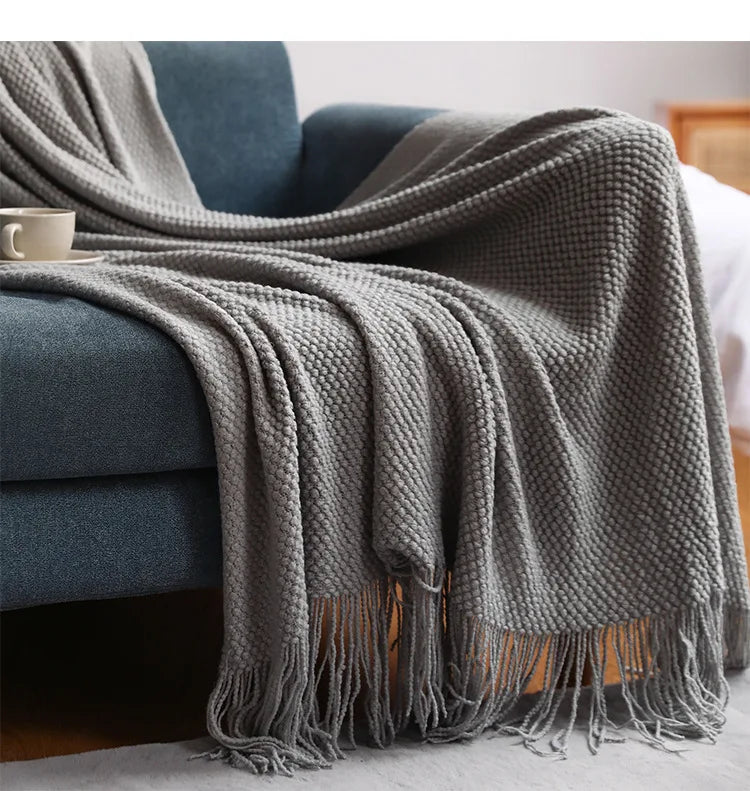 Chunky Knit Throw Blanket with Tassels for Sofa & Bed | Boho Cozy Bedroom Decor | Soft Textured Knit Blanket | 12 Colours