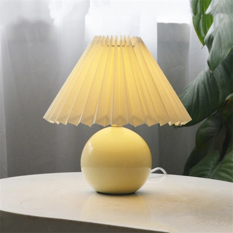 Nordic Ceramic Table Lamp for Bedroom Nightstand & Living Room | Pleated Fabric Lampshade | Modern Bedside Lamp | 12 Colour Combinations