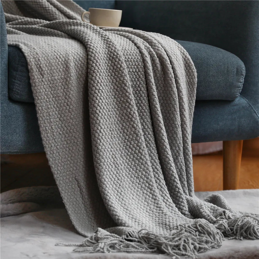 Chunky Knit Throw Blanket with Tassels for Sofa & Bed | Boho Cozy Bedroom Decor | Soft Textured Knit Blanket | 12 Colours