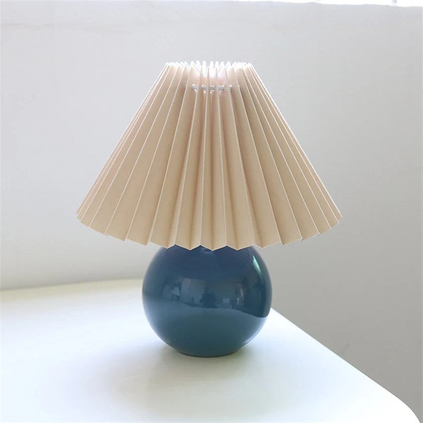 Nordic Ceramic Table Lamp for Bedroom Nightstand & Living Room | Pleated Fabric Lampshade | Modern Bedside Lamp | 12 Colour Combinations
