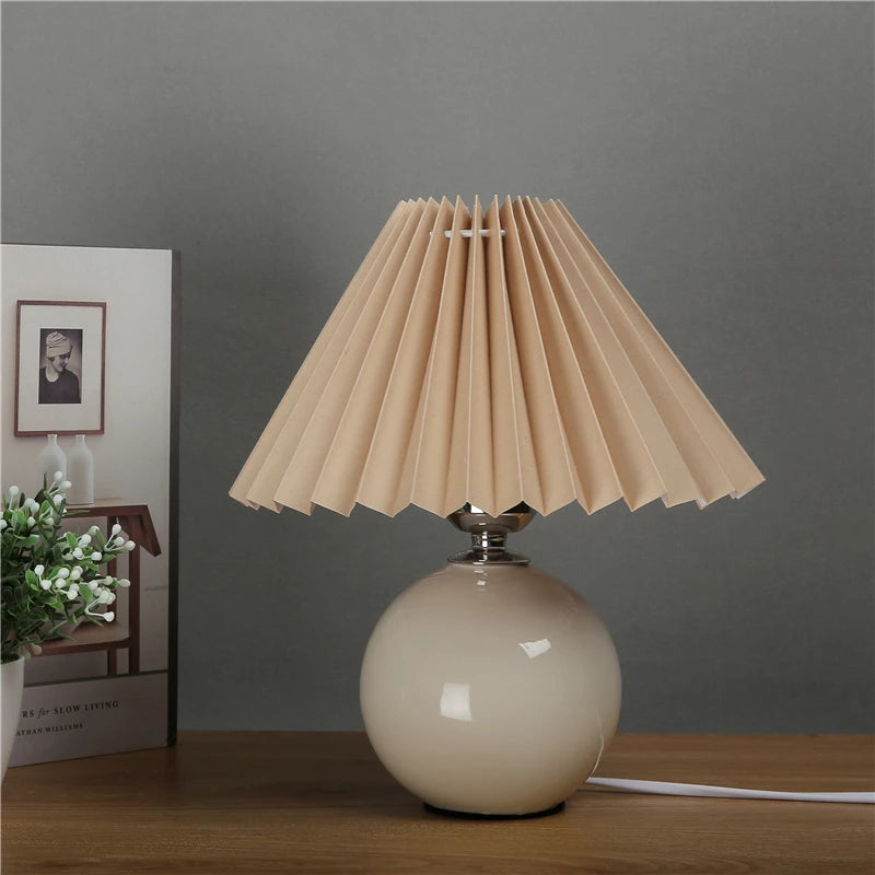 Nordic Ceramic Table Lamp for Bedroom Nightstand & Living Room | Pleated Fabric Lampshade | Modern Bedside Lamp | 12 Colour Combinations