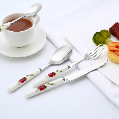 Ceramic Handle Cutlery Set 5-Piece | Stainless Steel Flatware, Steak Knife, Fork, Tea Spoons & Dessert Silverware with Rose Floral Pattern