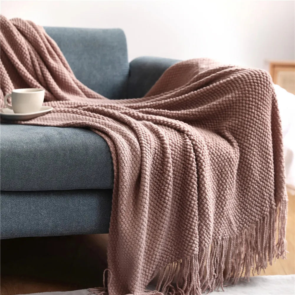 Chunky Knit Throw Blanket with Tassels for Sofa & Bed | Boho Cozy Bedroom Decor | Soft Textured Knit Blanket | 12 Colours