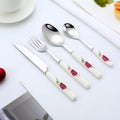 Ceramic Handle Cutlery Set 5-Piece | Stainless Steel Flatware, Steak Knife, Fork, Tea Spoons & Dessert Silverware with Rose Floral Pattern