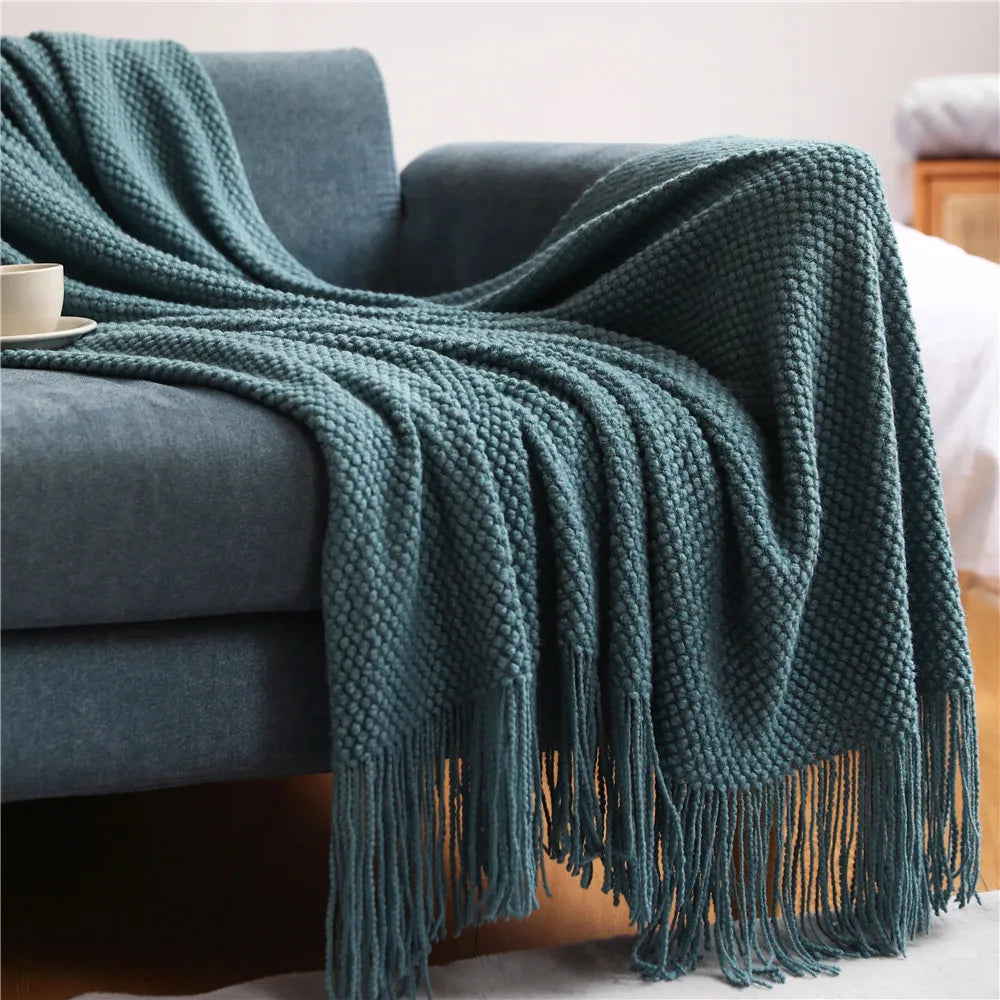 Chunky Knit Throw Blanket with Tassels for Sofa & Bed | Boho Cozy Bedroom Decor | Soft Textured Knit Blanket | 12 Colours