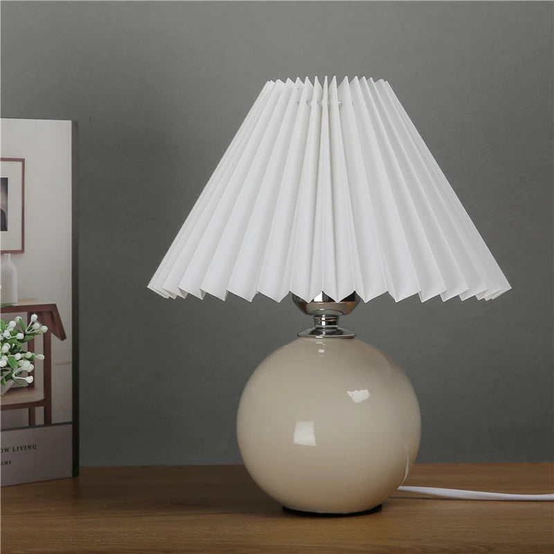 Nordic Ceramic Table Lamp for Bedroom Nightstand & Living Room | Pleated Fabric Lampshade | Modern Bedside Lamp | 12 Colour Combinations