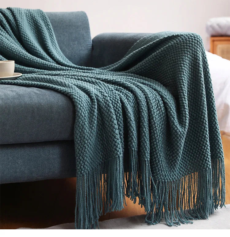 Chunky Knit Throw Blanket with Tassels for Sofa & Bed | Boho Cozy Bedroom Decor | Soft Textured Knit Blanket | 12 Colours