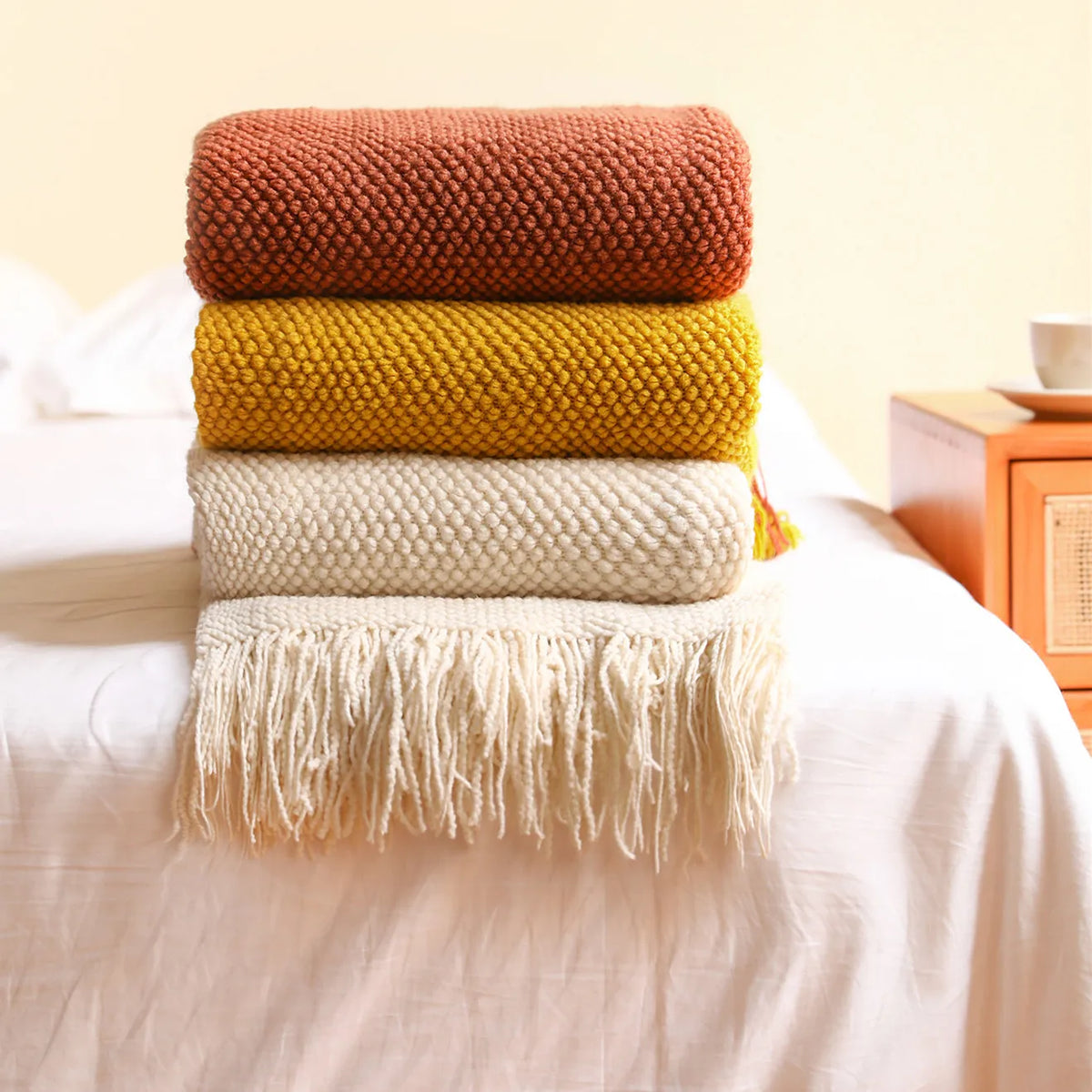 Chunky Knit Throw Blanket with Tassels for Sofa & Bed | Boho Cozy Bedroom Decor | Soft Textured Knit Blanket | 12 Colours