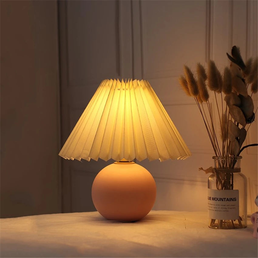 Nordic Ceramic Table Lamp for Bedroom Nightstand & Living Room | Pleated Fabric Lampshade | Modern Bedside Lamp | 12 Colour Combinations
