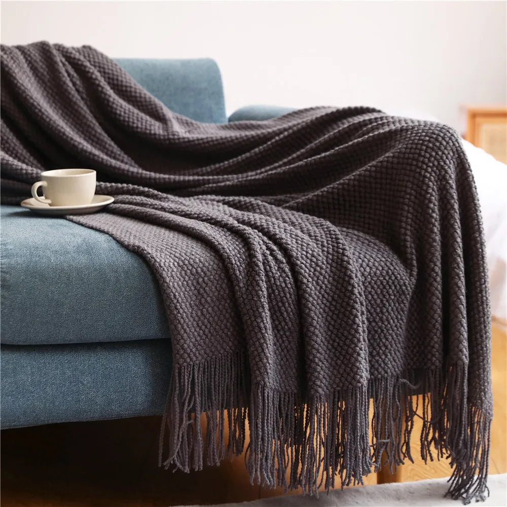 Chunky Knit Throw Blanket with Tassels for Sofa & Bed | Boho Cozy Bedroom Decor | Soft Textured Knit Blanket | 12 Colours