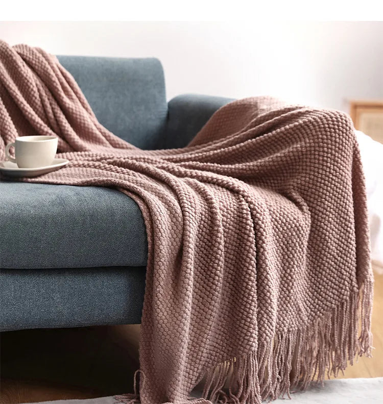 Chunky Knit Throw Blanket with Tassels for Sofa & Bed | Boho Cozy Bedroom Decor | Soft Textured Knit Blanket | 12 Colours
