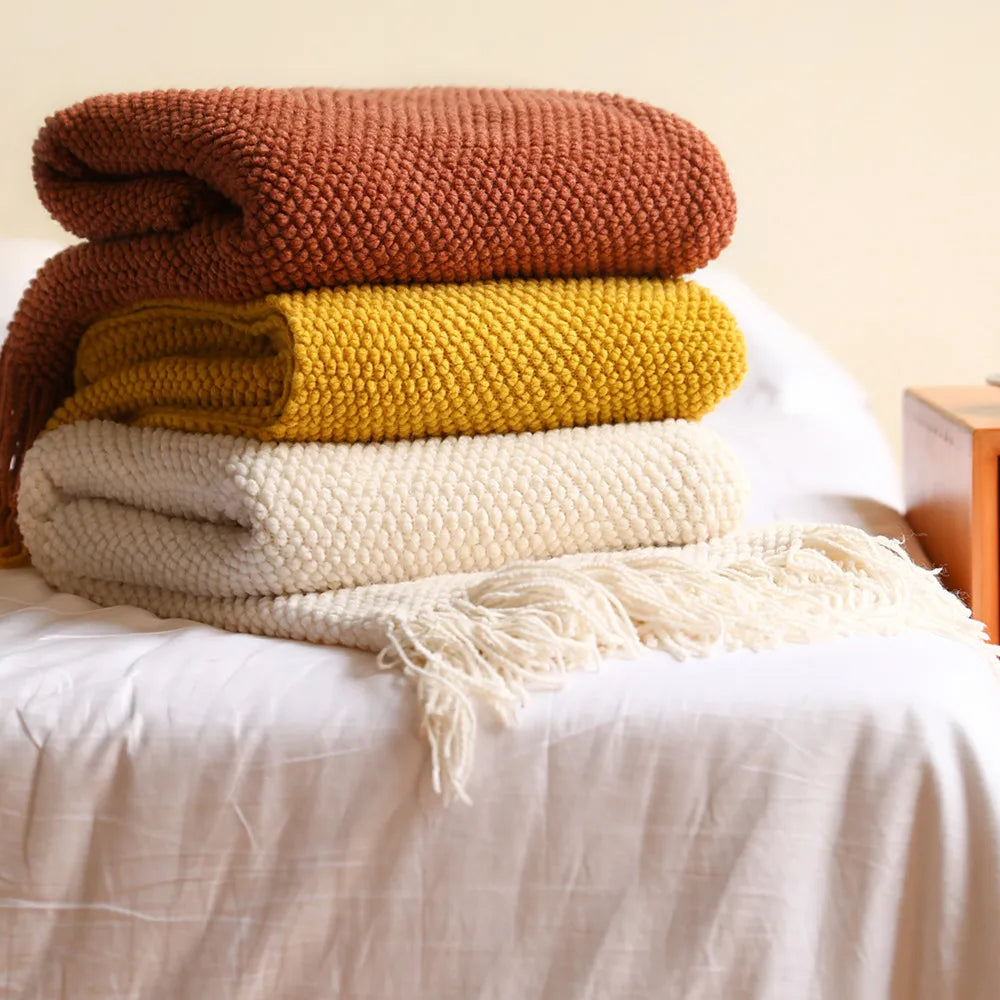 Chunky Knit Throw Blanket with Tassels for Sofa & Bed | Boho Cozy Bedroom Decor | Soft Textured Knit Blanket | 12 Colours