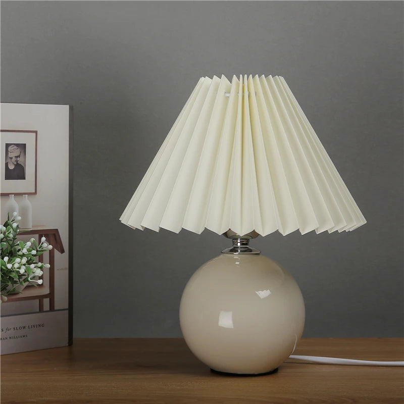 Nordic Ceramic Table Lamp for Bedroom Nightstand & Living Room | Pleated Fabric Lampshade | Modern Bedside Lamp | 12 Colour Combinations