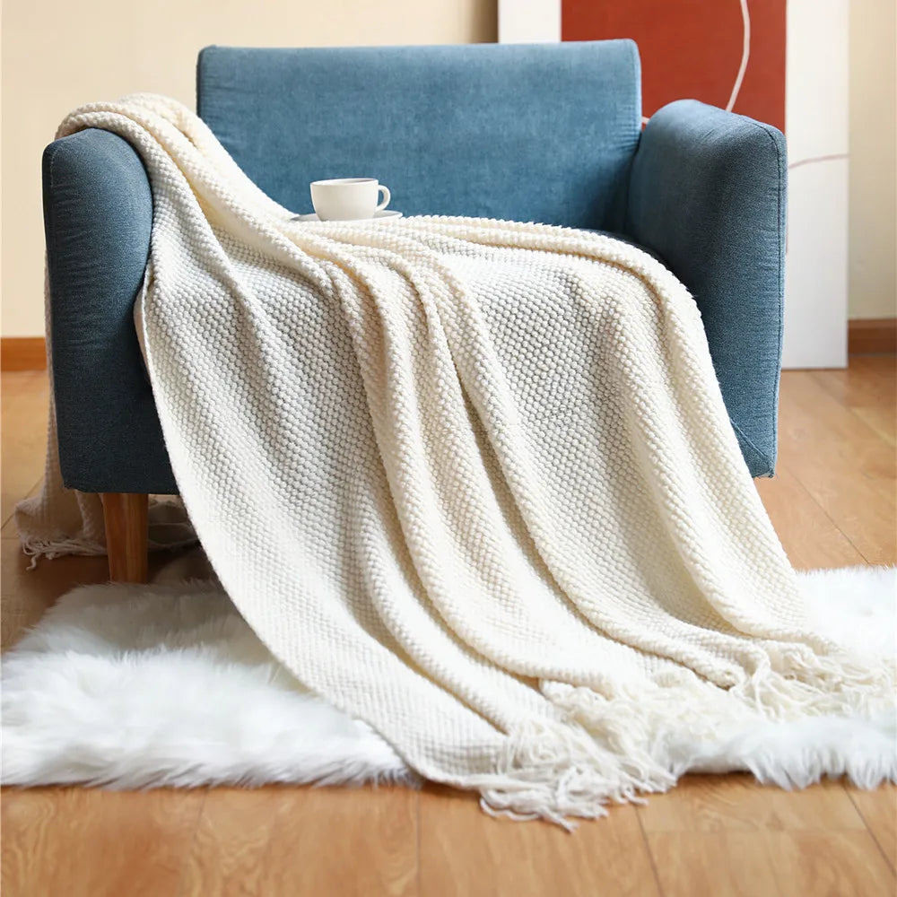 Chunky Knit Throw Blanket with Tassels for Sofa & Bed | Boho Cozy Bedroom Decor | Soft Textured Knit Blanket | 12 Colours