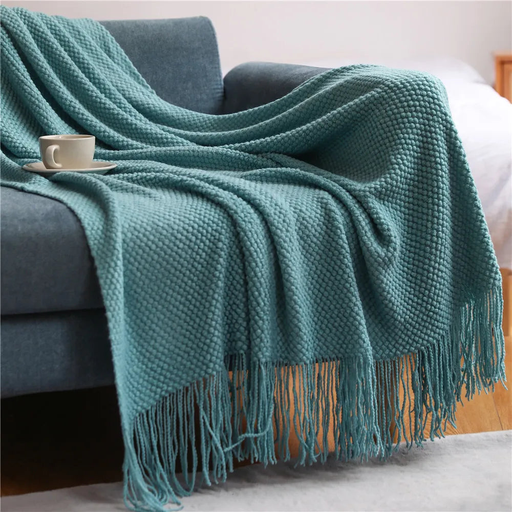 Chunky Knit Throw Blanket with Tassels for Sofa & Bed | Boho Cozy Bedroom Decor | Soft Textured Knit Blanket | 12 Colours