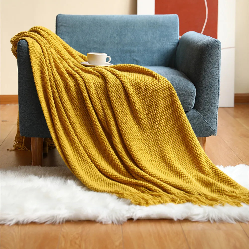 Chunky Knit Throw Blanket with Tassels for Sofa & Bed | Boho Cozy Bedroom Decor | Soft Textured Knit Blanket | 12 Colours