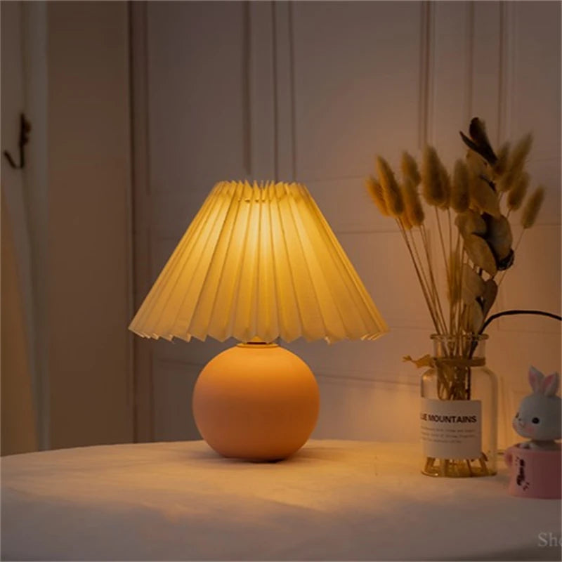 Nordic Ceramic Table Lamp for Bedroom Nightstand & Living Room | Pleated Fabric Lampshade | Modern Bedside Lamp | 12 Colour Combinations