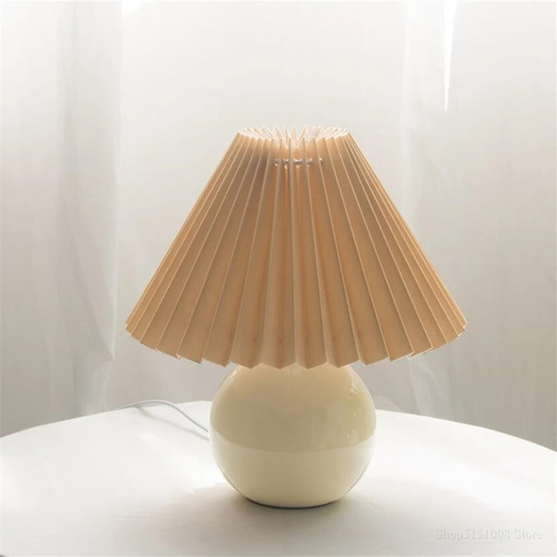 Nordic Ceramic Table Lamp for Bedroom Nightstand & Living Room | Pleated Fabric Lampshade | Modern Bedside Lamp | 12 Colour Combinations