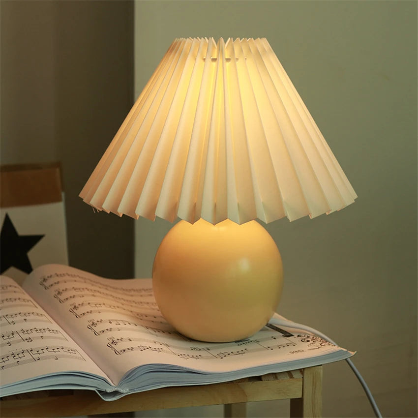 Nordic Ceramic Table Lamp for Bedroom Nightstand & Living Room | Pleated Fabric Lampshade | Modern Bedside Lamp | 12 Colour Combinations