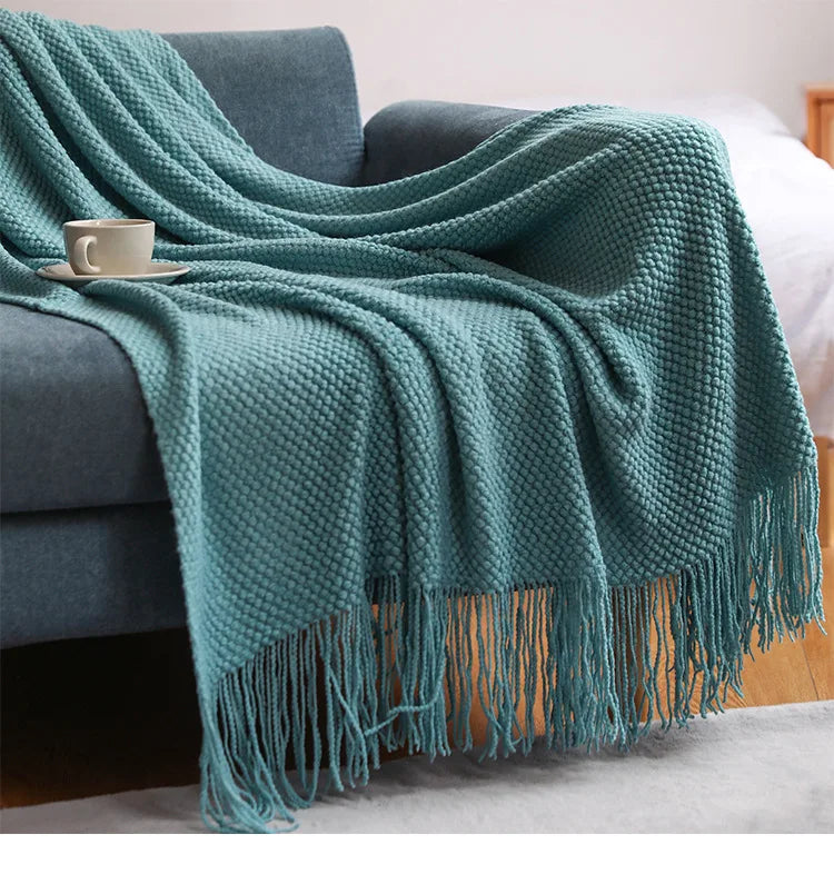 Chunky Knit Throw Blanket with Tassels for Sofa & Bed | Boho Cozy Bedroom Decor | Soft Textured Knit Blanket | 12 Colours