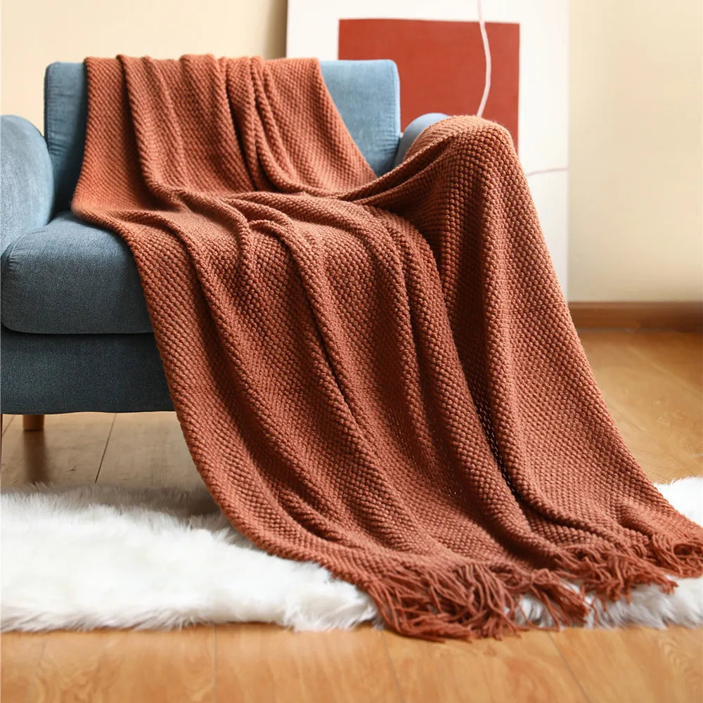 Chunky Knit Throw Blanket with Tassels for Sofa & Bed | Boho Cozy Bedroom Decor | Soft Textured Knit Blanket | 12 Colours