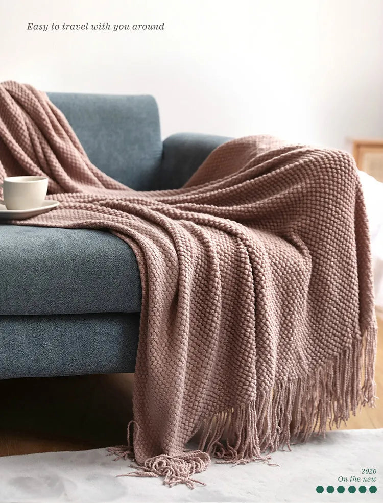 Chunky Knit Throw Blanket with Tassels for Sofa & Bed | Boho Cozy Bedroom Decor | Soft Textured Knit Blanket | 12 Colours