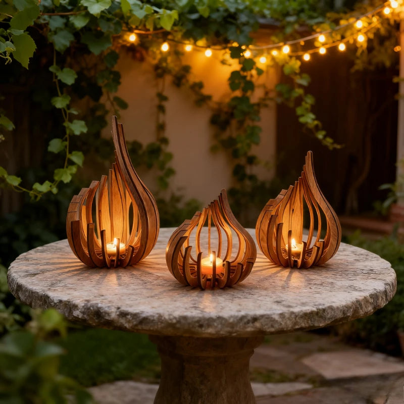 Handmade Wooden Candle Holder for Dining Table & Mantel | Sculptural Flame-Shaped Candlestick | Romantic Table Decor, S, M, L or Set of 3