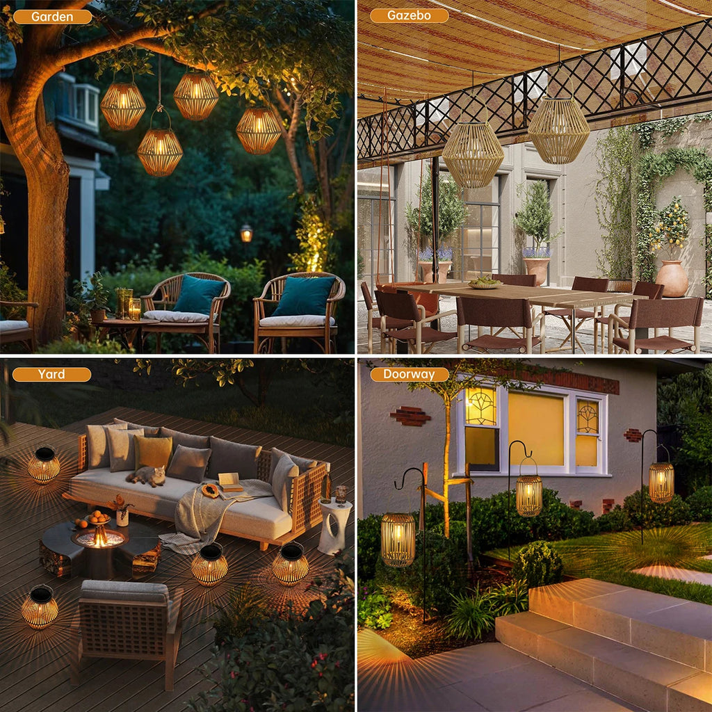 Solar Rattan Lantern for Garden, Patio & Porch | Waterproof Hanging Boho Solar Light | Automatic Outdoor Decorative Lighting, 2 Styles