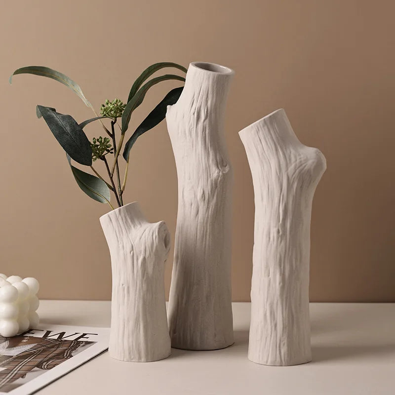 Tree Trunk Ceramic Vase for Living Room & Dining Table | Boho Branch-Shaped Flower Vase | Sculptural Centrepiece in White or Beige, 3 Sizes