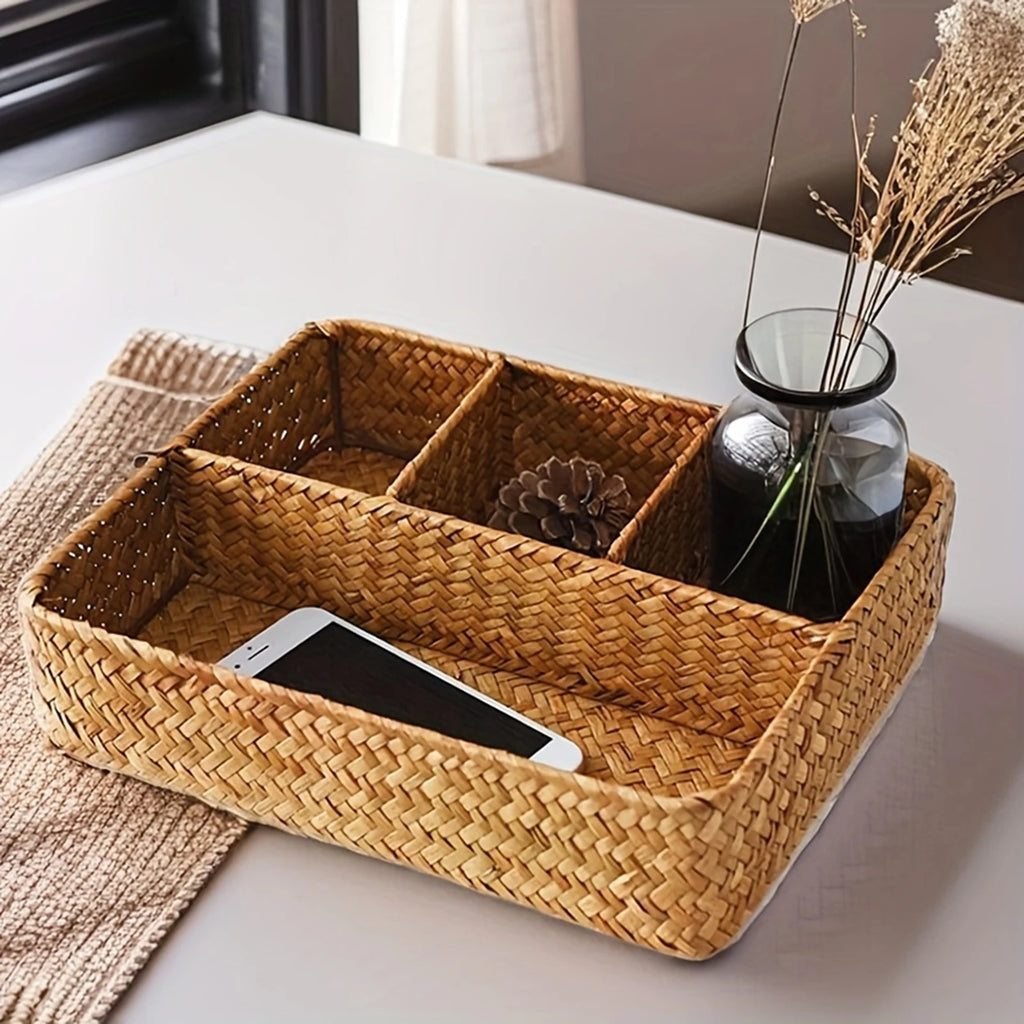 Seagrass Storage Basket with 4 Compartments for Desk, Vanity & Bathroom Counter | Handwoven Wicker Organiser | Eco-Friendly Storage
