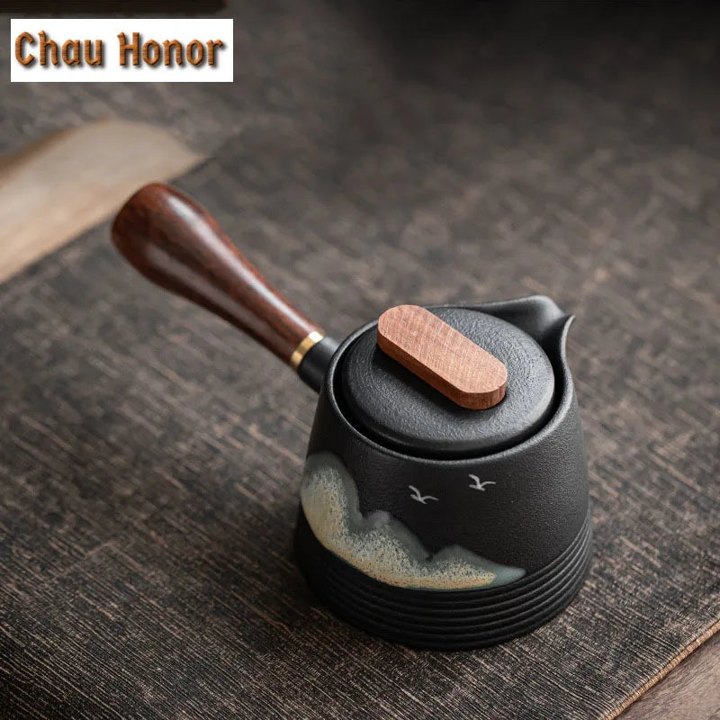 Black Coarse Ceramic Teapot | Hand-Painted Japanese Kung Fu Tea Pot, Distant Hill Design, 150–320ml, Kitchen & Dining