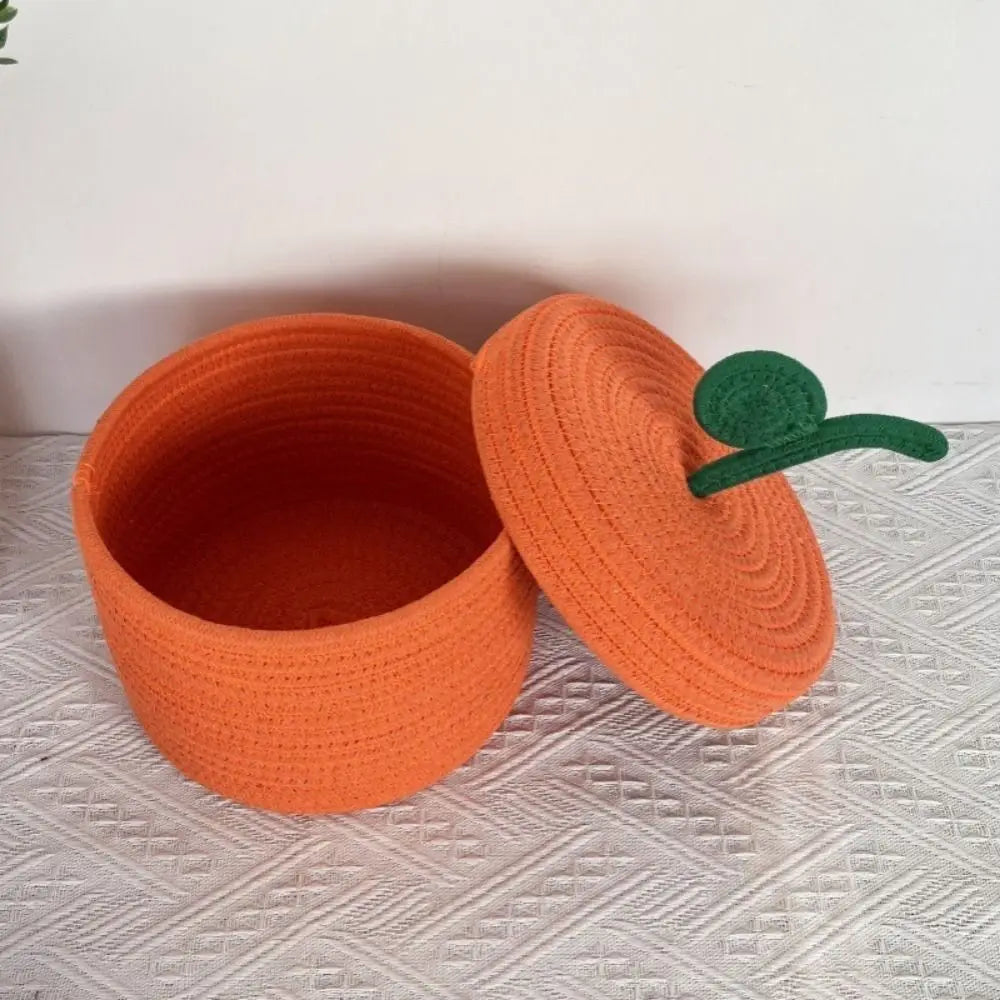 Small Cotton Rope Basket with Lid for Desk, Shelf & Bathroom | Hand-Woven Round Storage Basket | Colourful Lidded Organiser, 20x14cm
