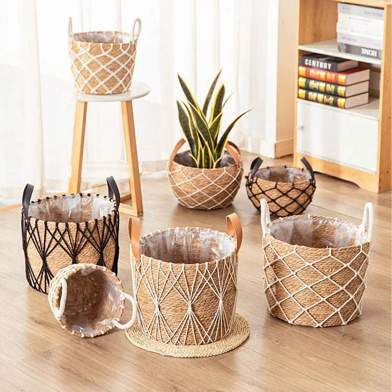 Seagrass Planter Basket with Handles for Indoor Plants & Patio | Natural Woven Plant Pot Cover | Boho Storage Basket, 25cm or 29cm