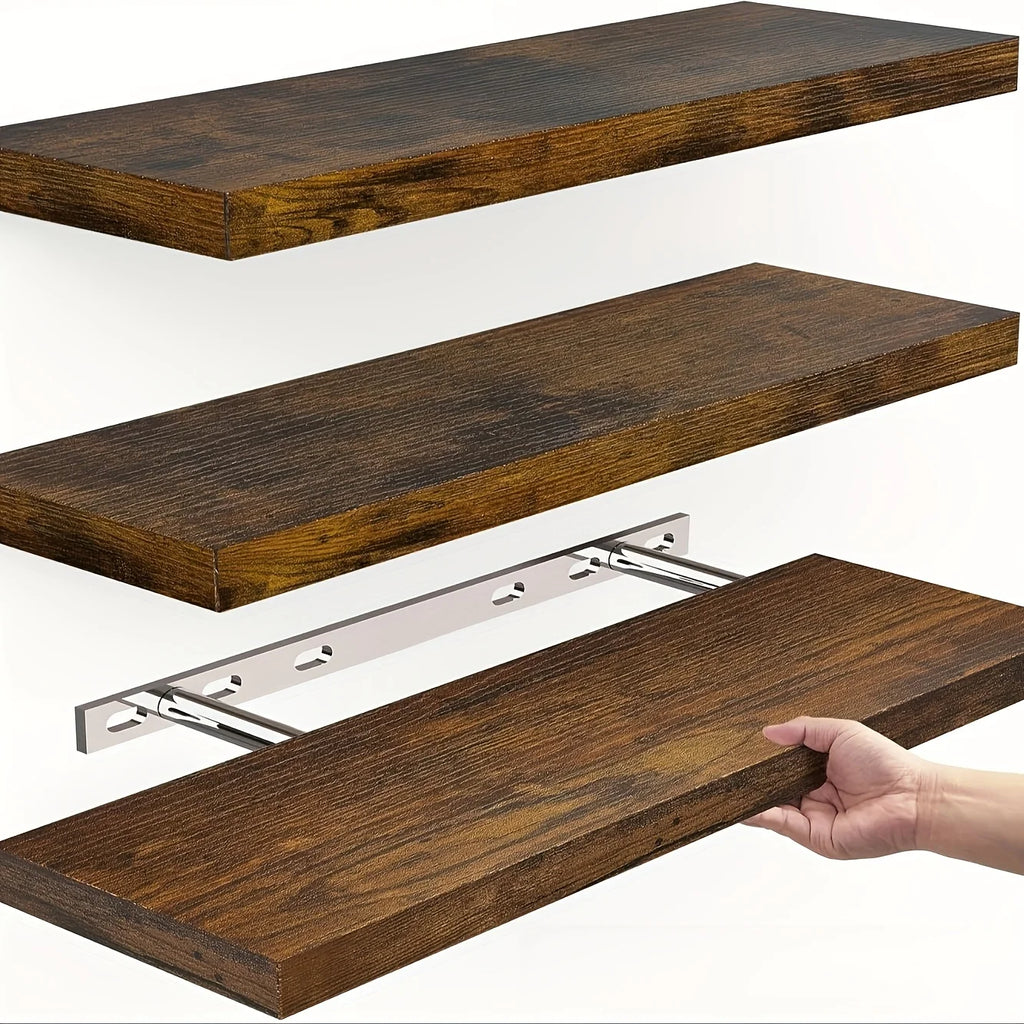 Wooden Floating Shelves with Invisible Brackets for Living Room, Bedroom & Bathroom | Sturdy Wall Mounted Shelf | Brown, Black or White