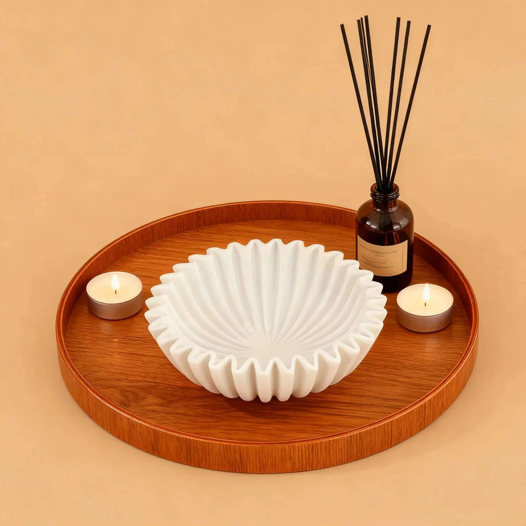 Decorative Lotus Leaf Bowl for Living Room Coffee Table & Shelf | Sculptural Resin Centrepiece with Grooved Rim | Modern Home Decor Gift