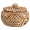 Small Rattan Basket with Lid for Entryway, Shelf & Bathroom | Hand-Woven Wicker Storage Bin | Round Lidded Basket 16x14cm