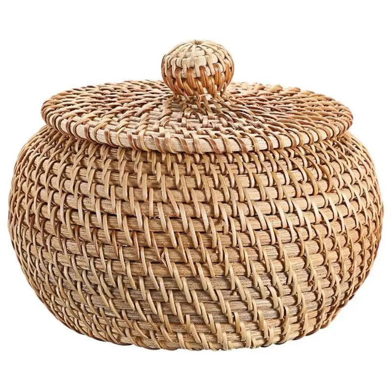 Small Rattan Basket with Lid for Entryway, Shelf & Bathroom | Hand-Woven Wicker Storage Bin | Round Lidded Basket 16x14cm
