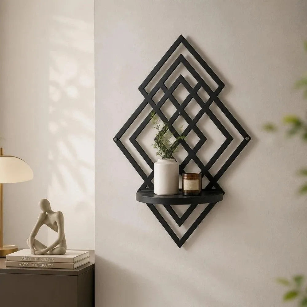 Geometric Wooden Wall Shelf | Hollow Hexagon Floating Storage Rack for Bedroom, Living Room & Hallway Wall Decor