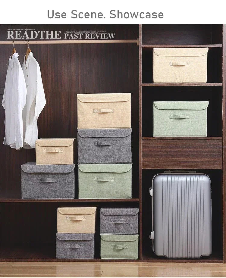 Foldable Cotton Linen Storage Box with Lid for Closet, Nursery & Shelves | Washable Fabric Storage Bin | Toy & Clothes Organiser, 2 Sizes