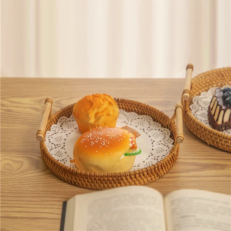 Woven Rattan Bread Basket with Strap Handle for Kitchen & Dining Table | Round Serving Tray for Fruit, Snacks & Picnics | S, M, L or Set of 3