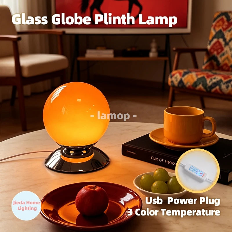 Globe Glass Table Lamp on Plinth for Bedroom & Living Room | Italian-Style Geometric Retro Bedside Lamp | Dimmable, 3 Colour Temperatures