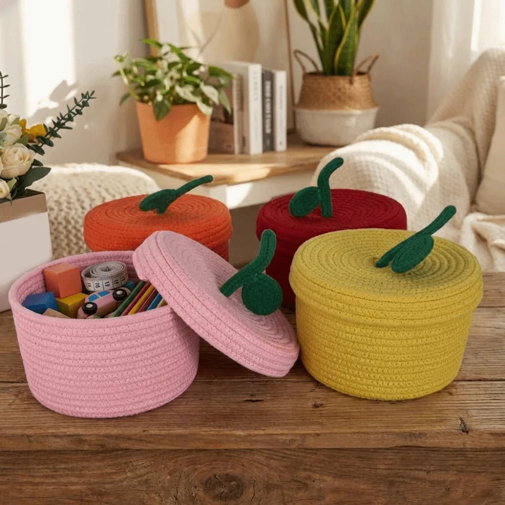 Small Cotton Rope Basket with Lid for Desk, Shelf & Bathroom | Hand-Woven Round Storage Basket | Colourful Lidded Organiser, 20x14cm