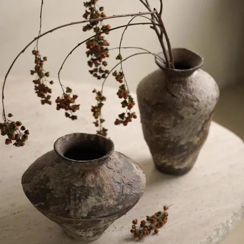 Handmade Coarse Ceramic Vase for Living Room & Tabletop | Wabi-Sabi Zen Flower Vase for Dried Flowers | Retro Pottery Decor, 12 Styles